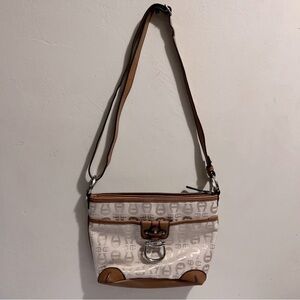 ETIENNE AIGNER Cream Fabric Signature A Logo Shoulder Bag Purse Horseshoe Buckle